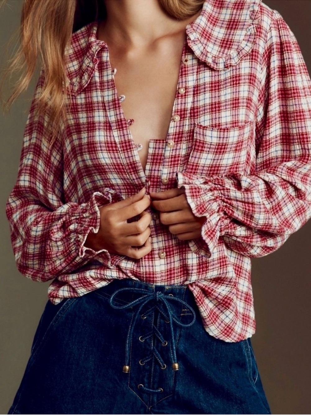 NWOT Pilcro Red and Cream Plaid Kiera Long Sleeved Button-Down
